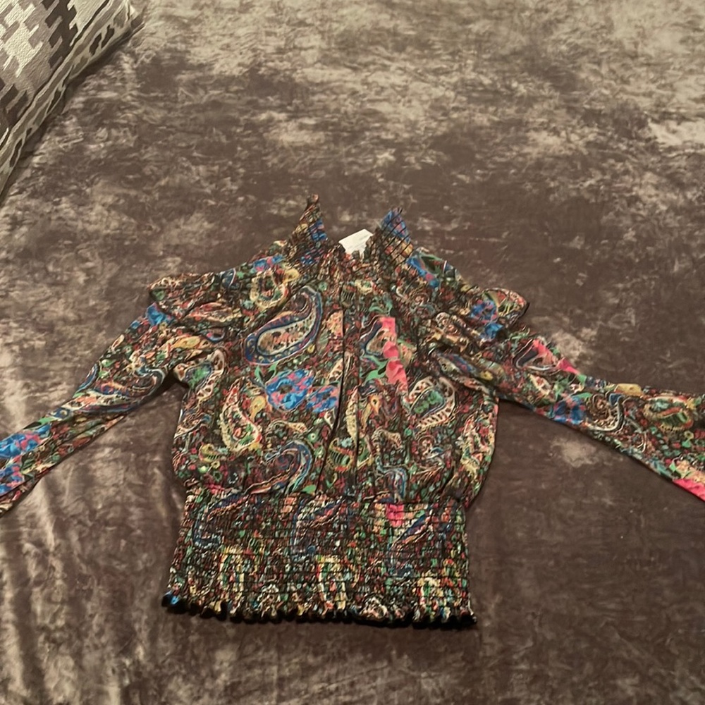 Brand new with tags Lavender brown brand long sleeve blouse. Paisley pattern.